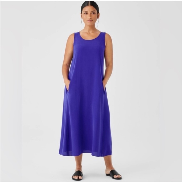 NWT Eileen Fisher Silk Georgette Crepe Scoop Neck Dress - Picture 2 of 11